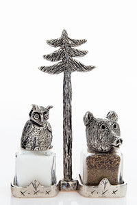 Owl and Bear salt and pepper shakers with a pine-tree carrier, handcrafted by German artist Thomas Leiblein. American pewter, made in the USA.