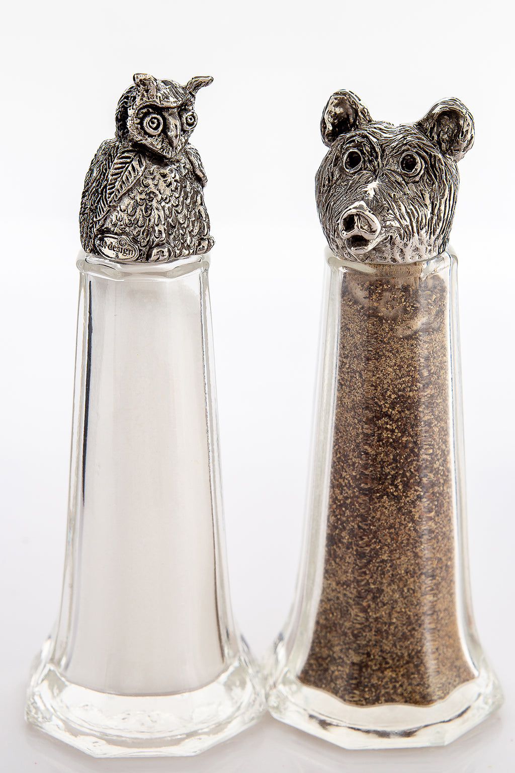 Owl and Bear salt and pepper shaker set, handcrafted by German artist Thomas Leiblein. American pewter, made in the USA.