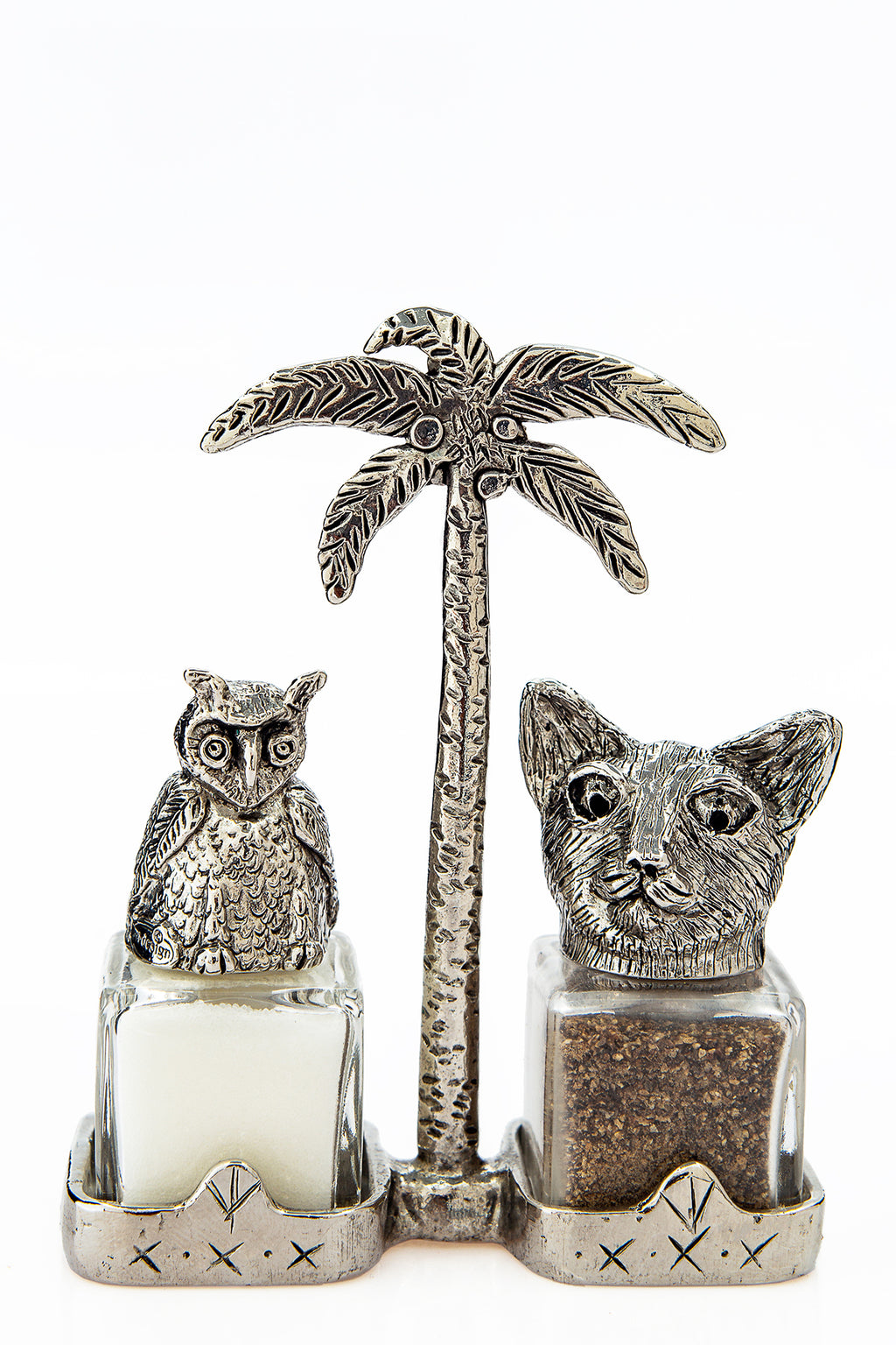Owl and the Pussycat salt and pepper shakers with a palm-tree carrier, handcrafted by German artist Thomas Leiblein. American pewter, made in the USA.