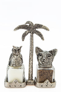 Owl and the Pussycat salt and pepper shakers with a palm-tree carrier, handcrafted by German artist Thomas Leiblein. American pewter, made in the USA.
