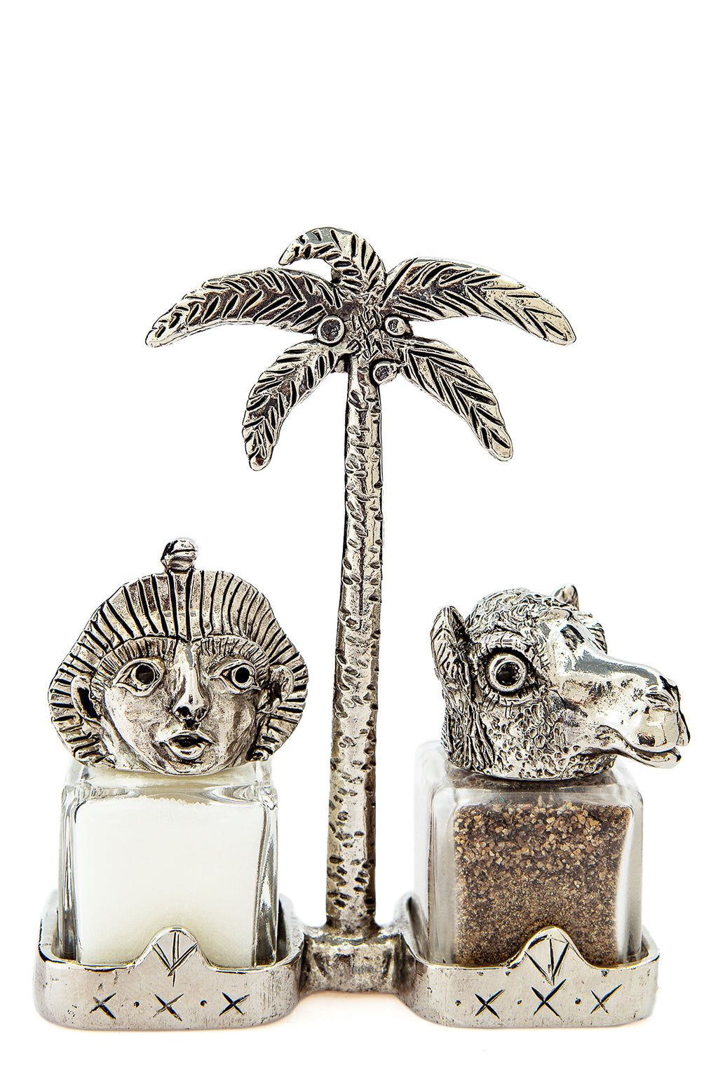 Pharaoh and Camel salt and pepper shakers with a palm-tree carrier, handcrafted by German artist Thomas Leiblein. American pewter, made in the USA.