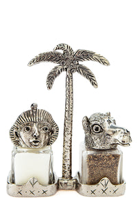 Pharaoh and Camel salt and pepper shakers with a palm-tree carrier, handcrafted by German artist Thomas Leiblein. American pewter, made in the USA.