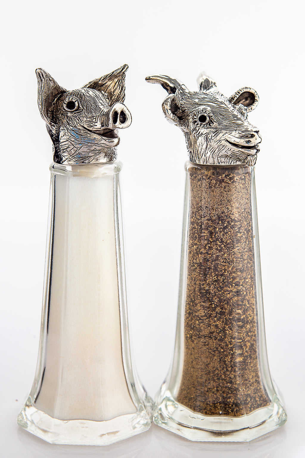 Pig and Goat salt and pepper shaker set, handcrafted by German artist Thomas Leiblein. American pewter, made in the USA.