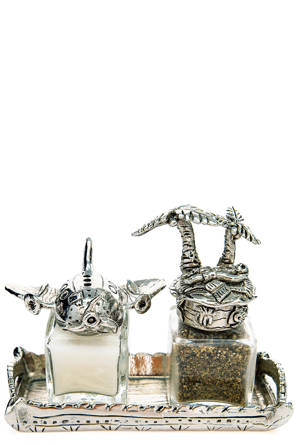 Airplane andPalmtree salt and pepper shakers with a tray carrier, handcrafted by German artist Thomas Leiblein. American pewter, made in the USA.