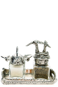 Airplane andPalmtree salt and pepper shakers with a tray carrier, handcrafted by German artist Thomas Leiblein. American pewter, made in the USA.