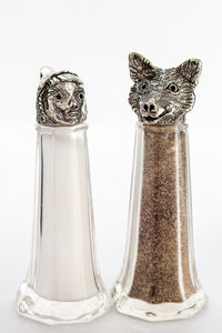 Little red riding Hood and Wolf salt and pepper shaker set, handcrafted by German artist Thomas Leiblein. American pewter, made in the USA.