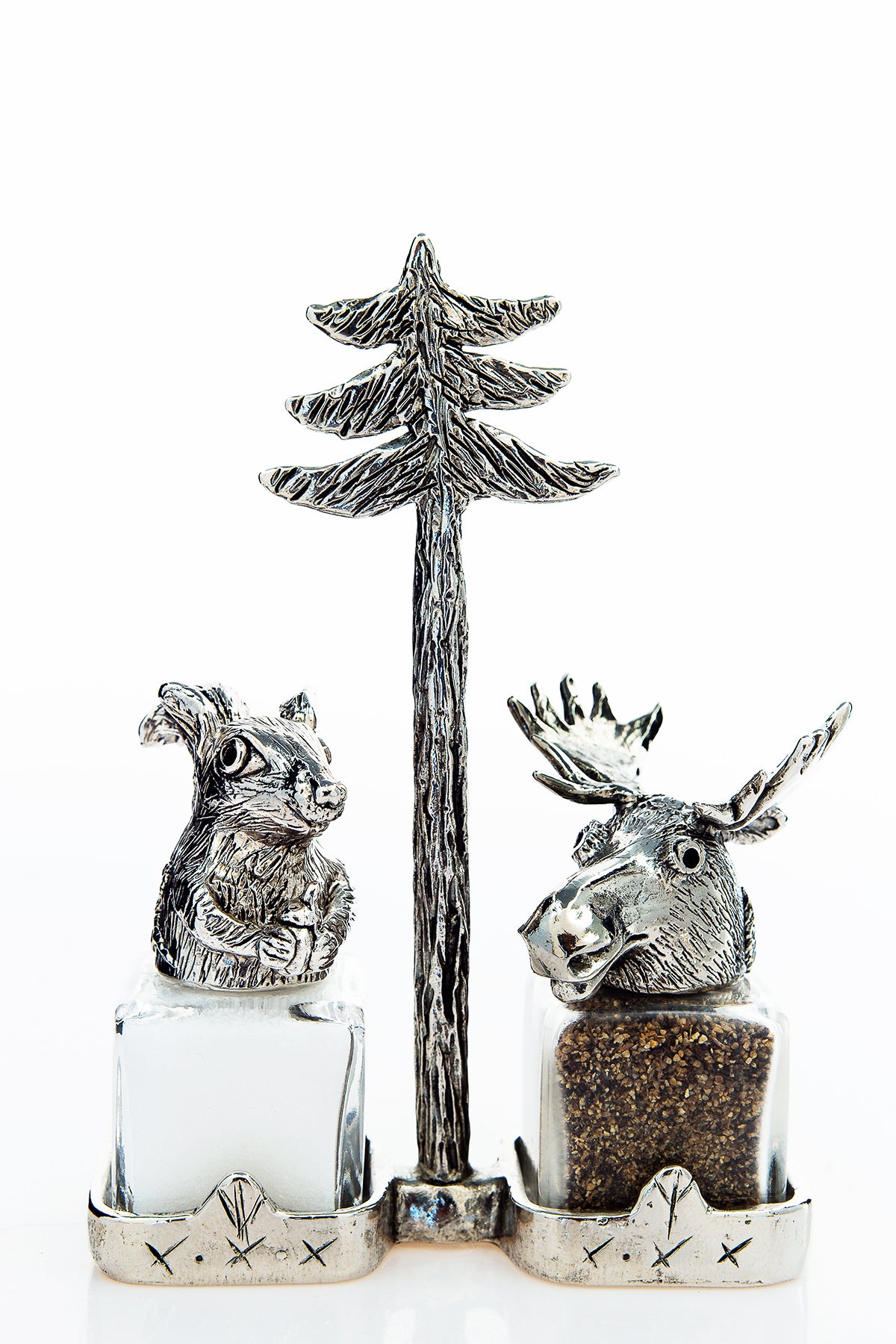 Squirrel and Moose salt and pepper shakers with a pine-tree carrier, handcrafted by German artist Thomas Leiblein. American pewter, made in the USA.