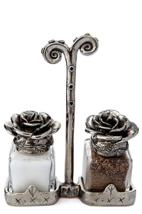 Rose salt and pepper shakers with a Renaissance carrier, handcrafted by German artist Thomas Leiblein. American pewter, made in the USA.