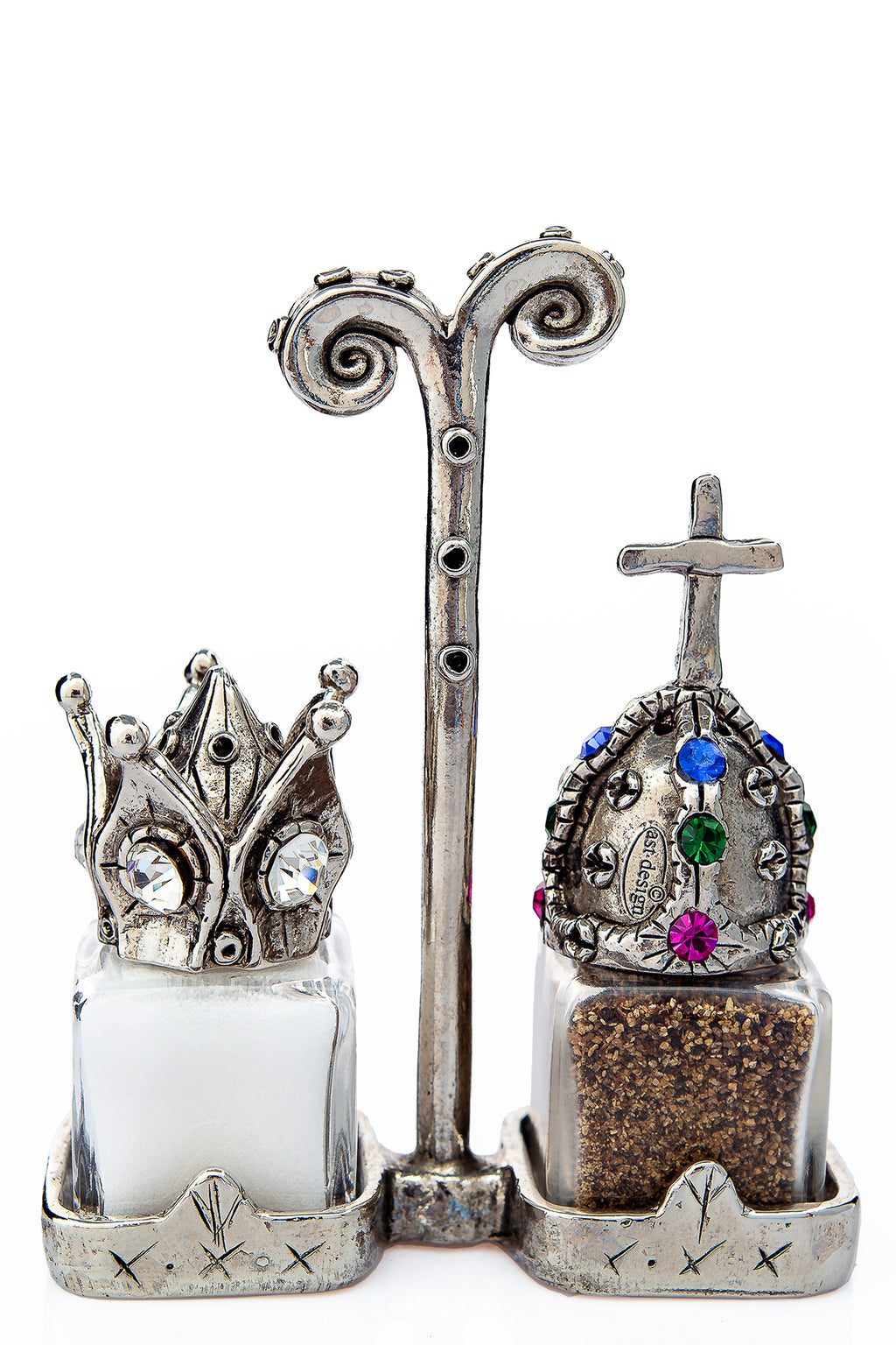 Crown and King salt and pepper shakers with a Renaissance carrier, handcrafted by German artist Thomas Leiblein. American pewter, made in the USA.