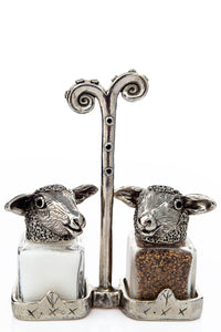 Sheep salt and pepper shakers with a Renaissance carrier, handcrafted by German artist Thomas Leiblein. American pewter, made in the USA.