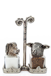 Retriever dog and sheep salt and pepper shakers with a Renaissance carrier, handcrafted by German artist Thomas Leiblein. American pewter, made in the USA.