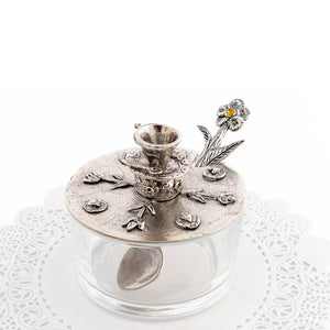 Glass sugar jar with ornamented lid. Different tops available. American pewter.