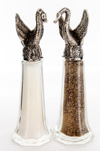 Swan salt and pepper shaker set, handcrafted by German artist Thomas Leiblein. American pewter, made in the USA.