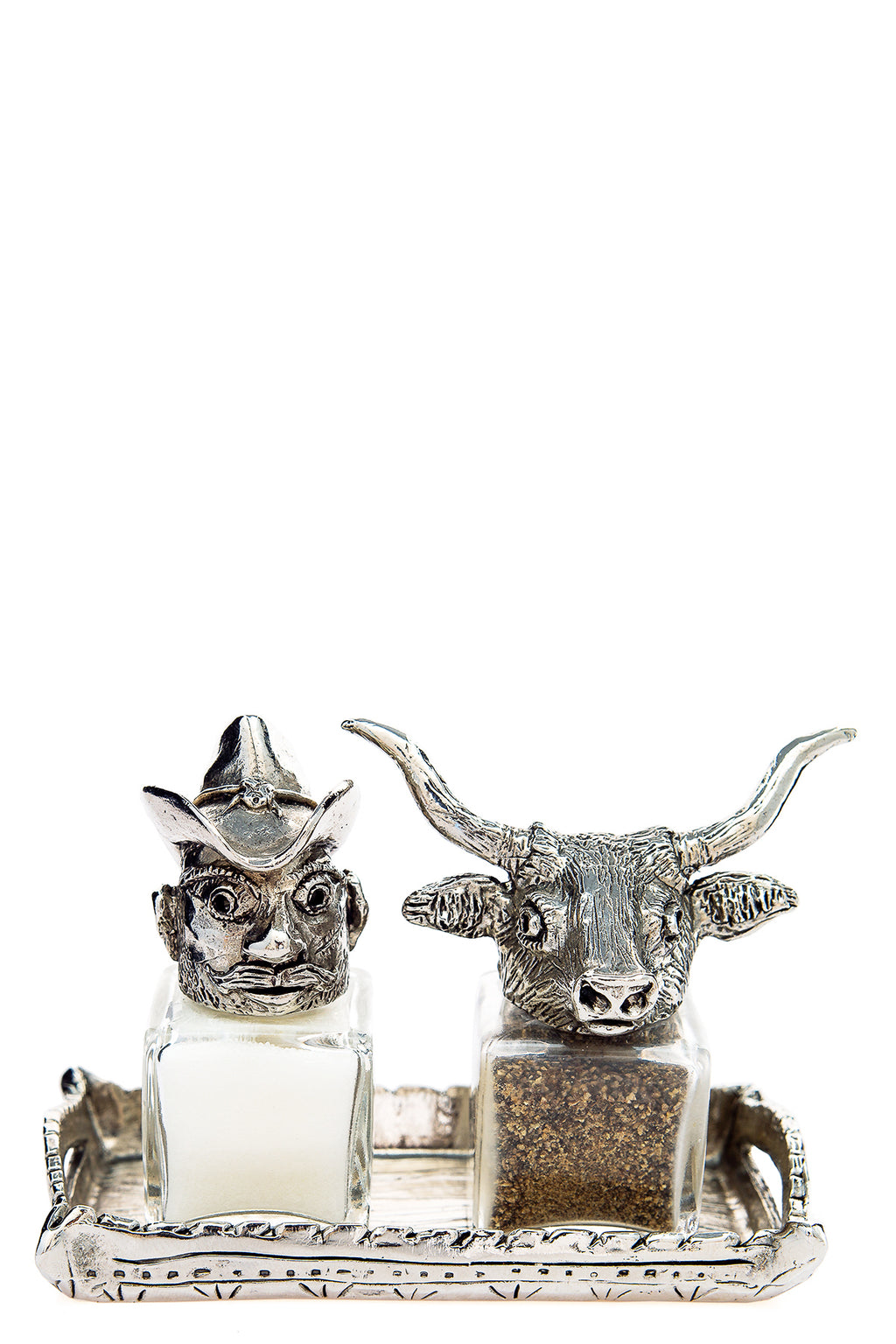 Cowboy and Longhorn salt and pepper shakers with a tray carrier, handcrafted by German artist Thomas Leiblein. American pewter, made in the USA.