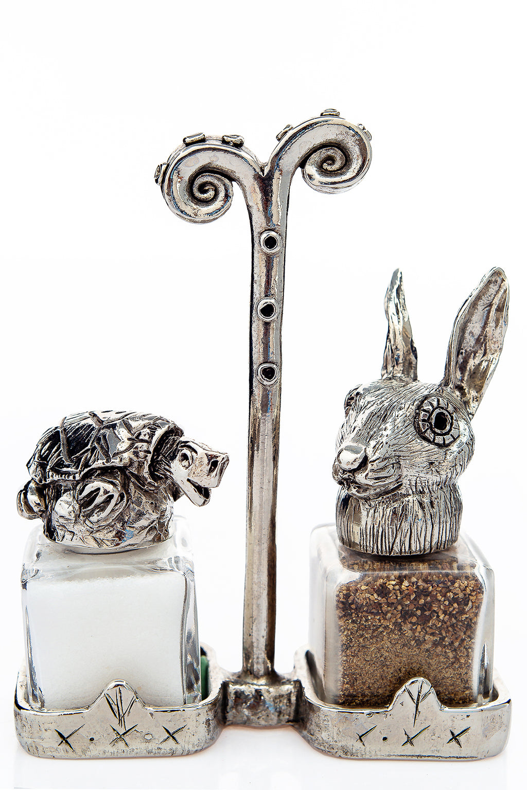 Turtle and Rabbit salt and pepper shakers with a Renaissance carrier, handcrafted by German artist Thomas Leiblein. American pewter, made in the USA.