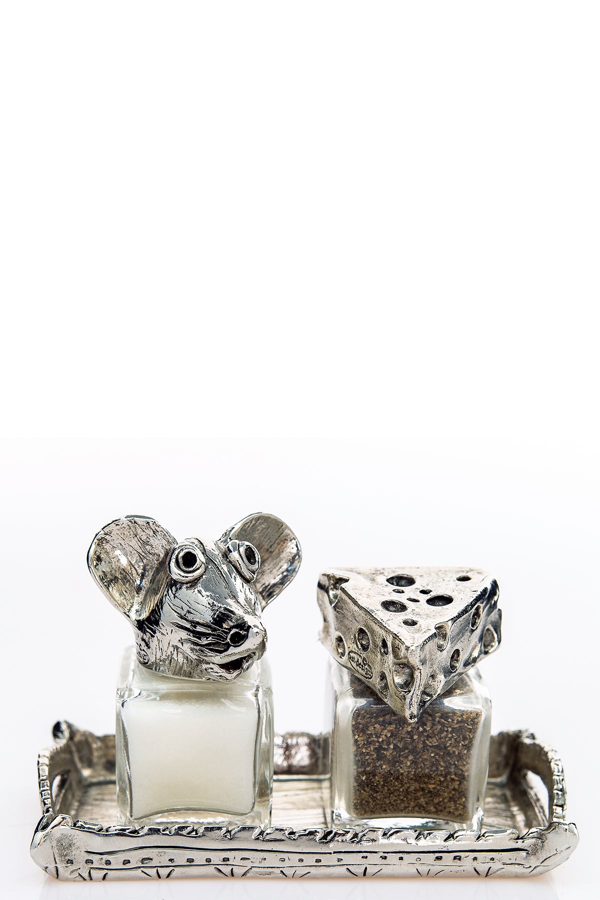 Mouse and Cheese salt and pepper shakers with a tray carrier, handcrafted by German artist Thomas Leiblein. American pewter, made in the USA.