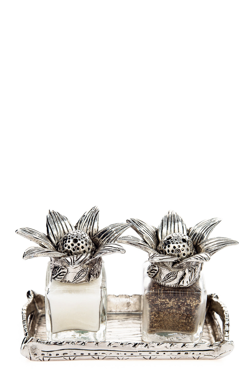 Sunflower salt and pepper shakers with a tray carrier, handcrafted by German artist Thomas Leiblein. American pewter, made in the USA.