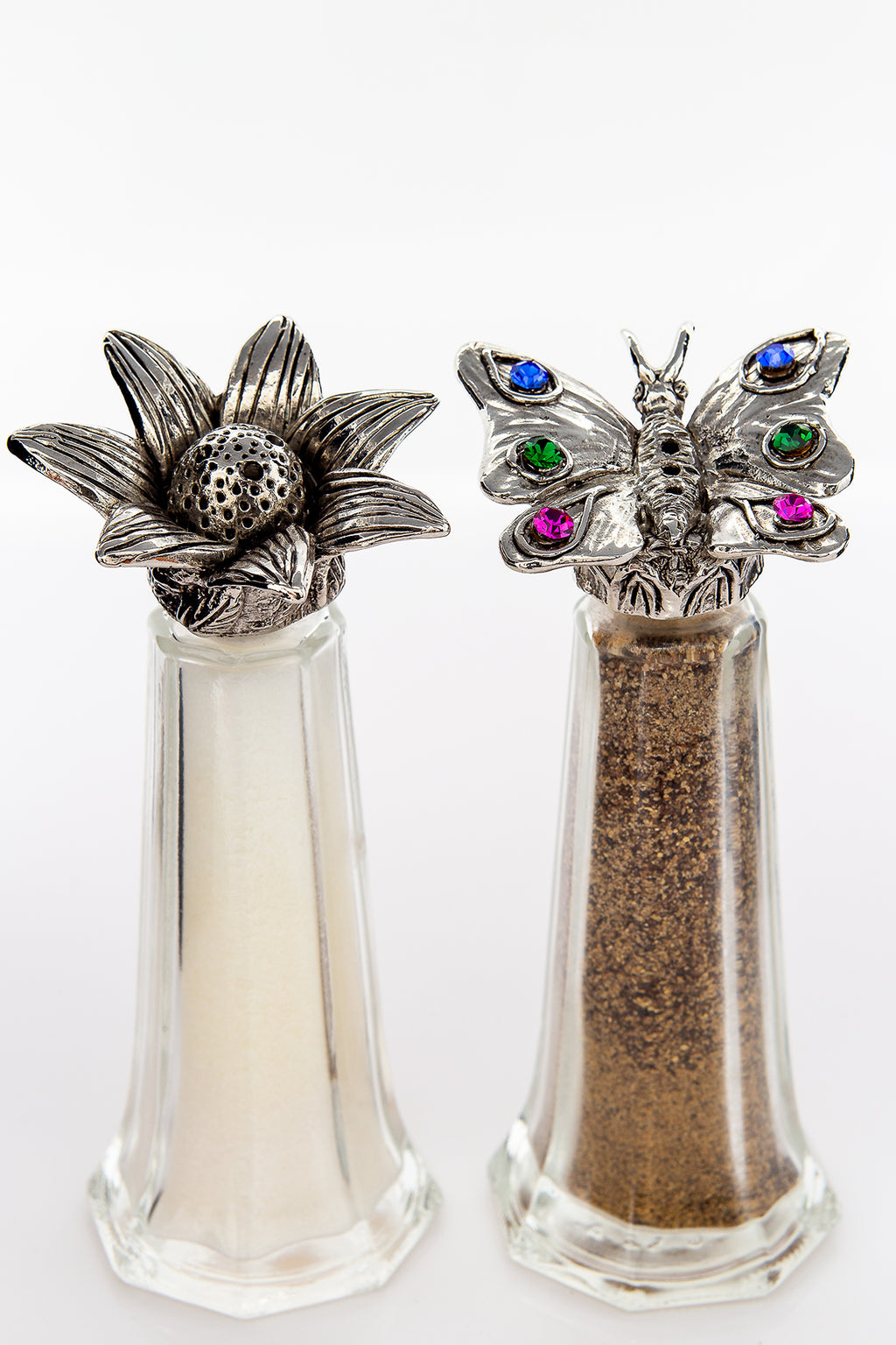 Flower and Butterfly salt and pepper shaker set, handcrafted by German artist Thomas Leiblein. American pewter, made in the USA.