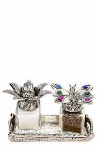 Flower and Butterfly salt and pepper shakers with a tray carrier, handcrafted by German artist Thomas Leiblein. American pewter, made in the USA.
