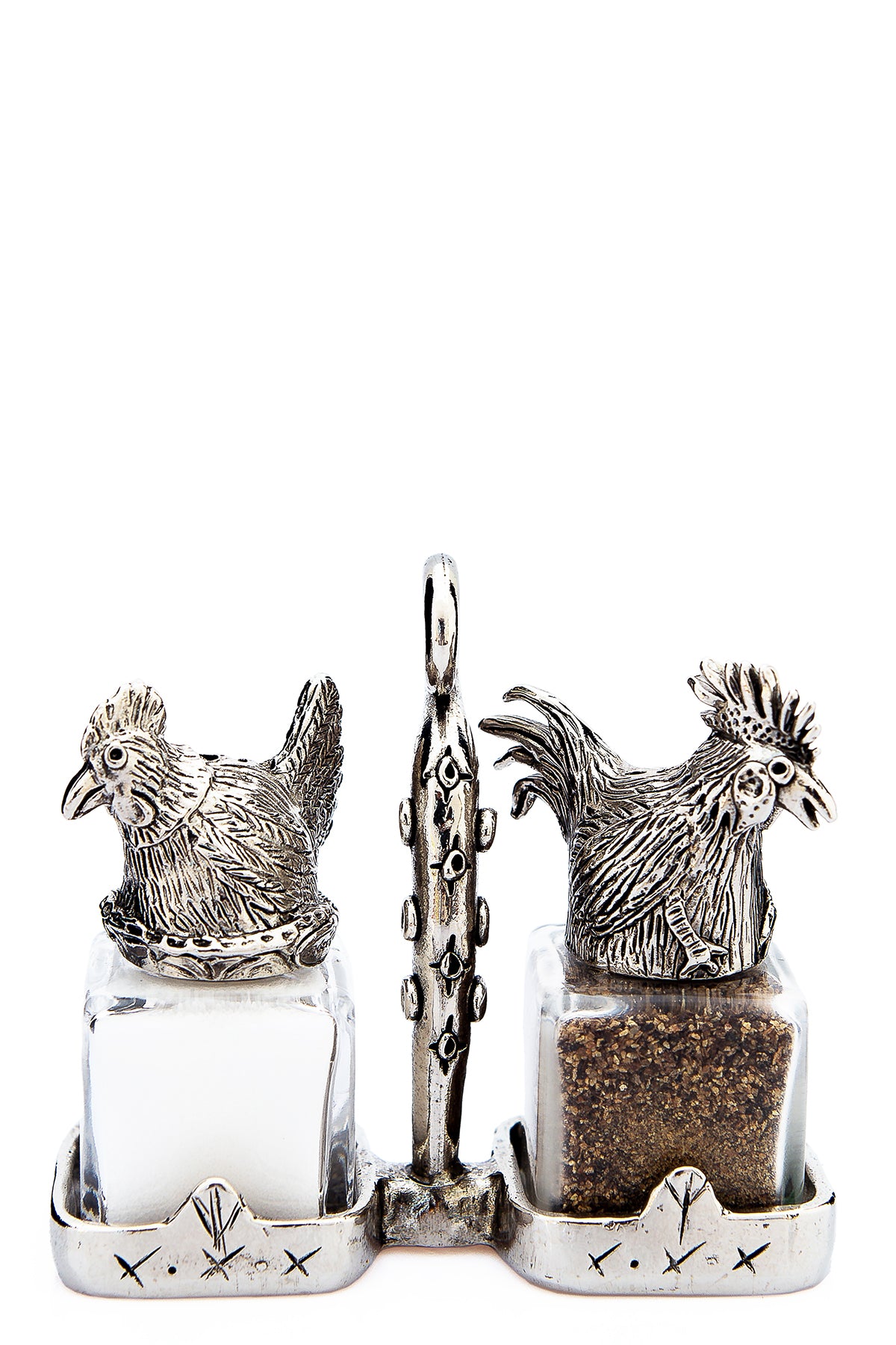 Chicken and Rooster salt and pepper shakers with a basket carrier, handcrafted by German artist Thomas Leiblein. American pewter, made in the USA.
