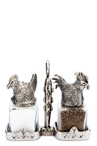 Chicken and Rooster salt and pepper shakers with a basket carrier, handcrafted by German artist Thomas Leiblein. American pewter, made in the USA.
