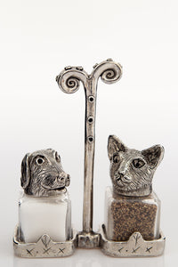 Cat and Dog salt and pepper shakers with a Renaissance carrier, handcrafted by German artist Thomas Leiblein. American pewter, made in the USA.