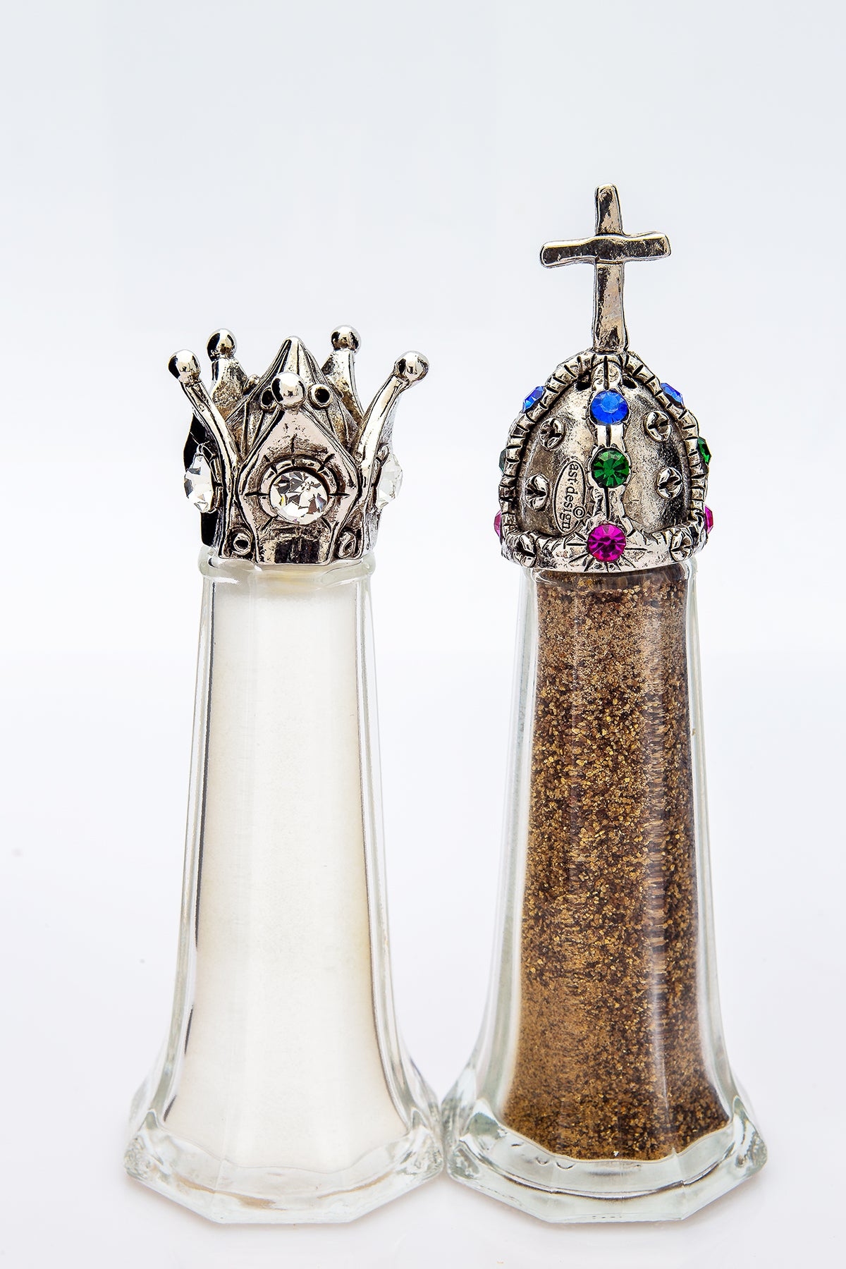 Crown and King salt and pepper shaker set with colored rhinestones, handcrafted by German artist Thomas Leiblein. American pewter, made in the USA.