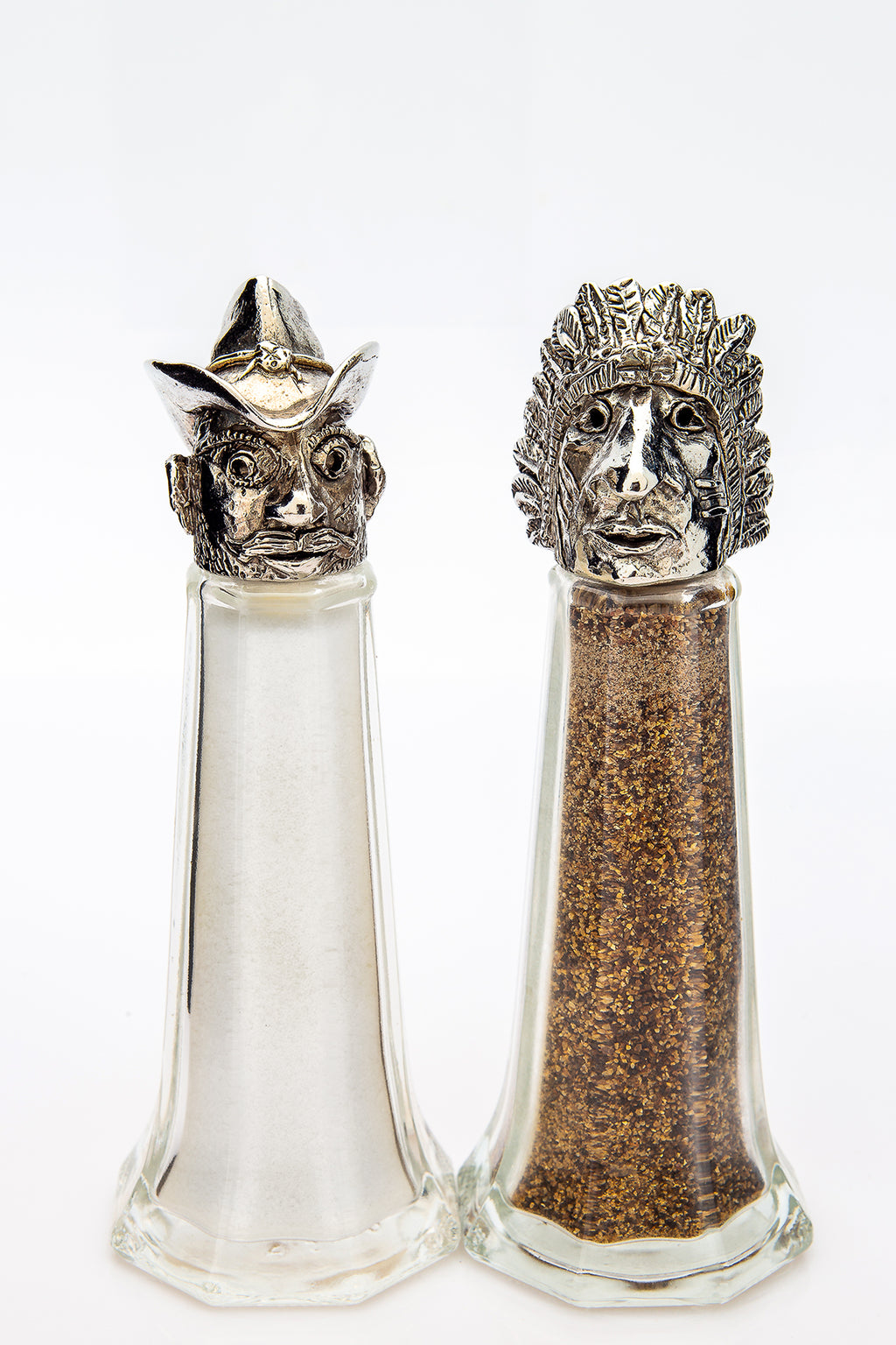 Cowboy and Indian salt and pepper shaker set, handcrafted by German artist Thomas Leiblein. American pewter, made in the USA.