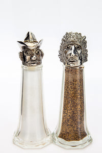 Cowboy and Indian salt and pepper shaker set, handcrafted by German artist Thomas Leiblein. American pewter, made in the USA.