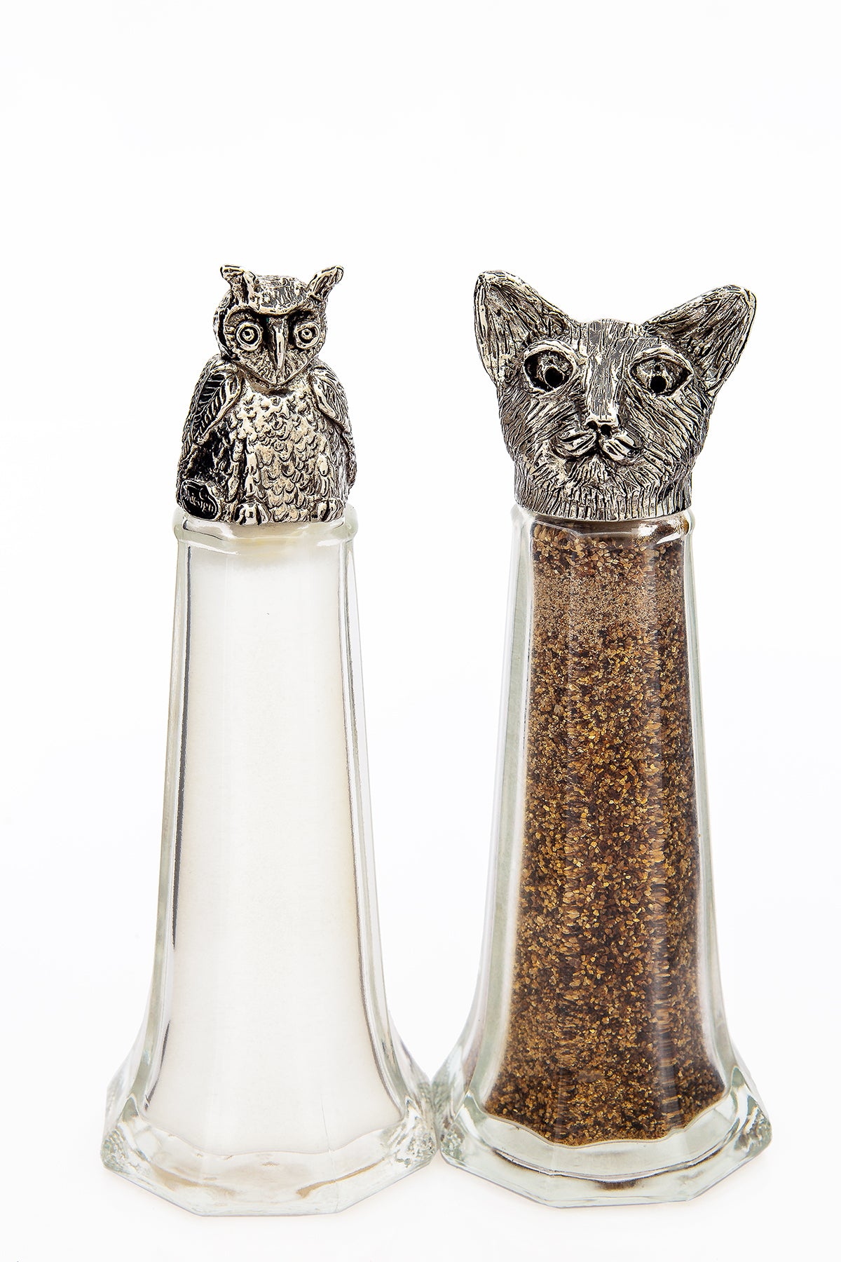 Owl and the Pussycat salt and pepper shaker set, handcrafted by German artist Thomas Leiblein. American pewter, made in the USA.